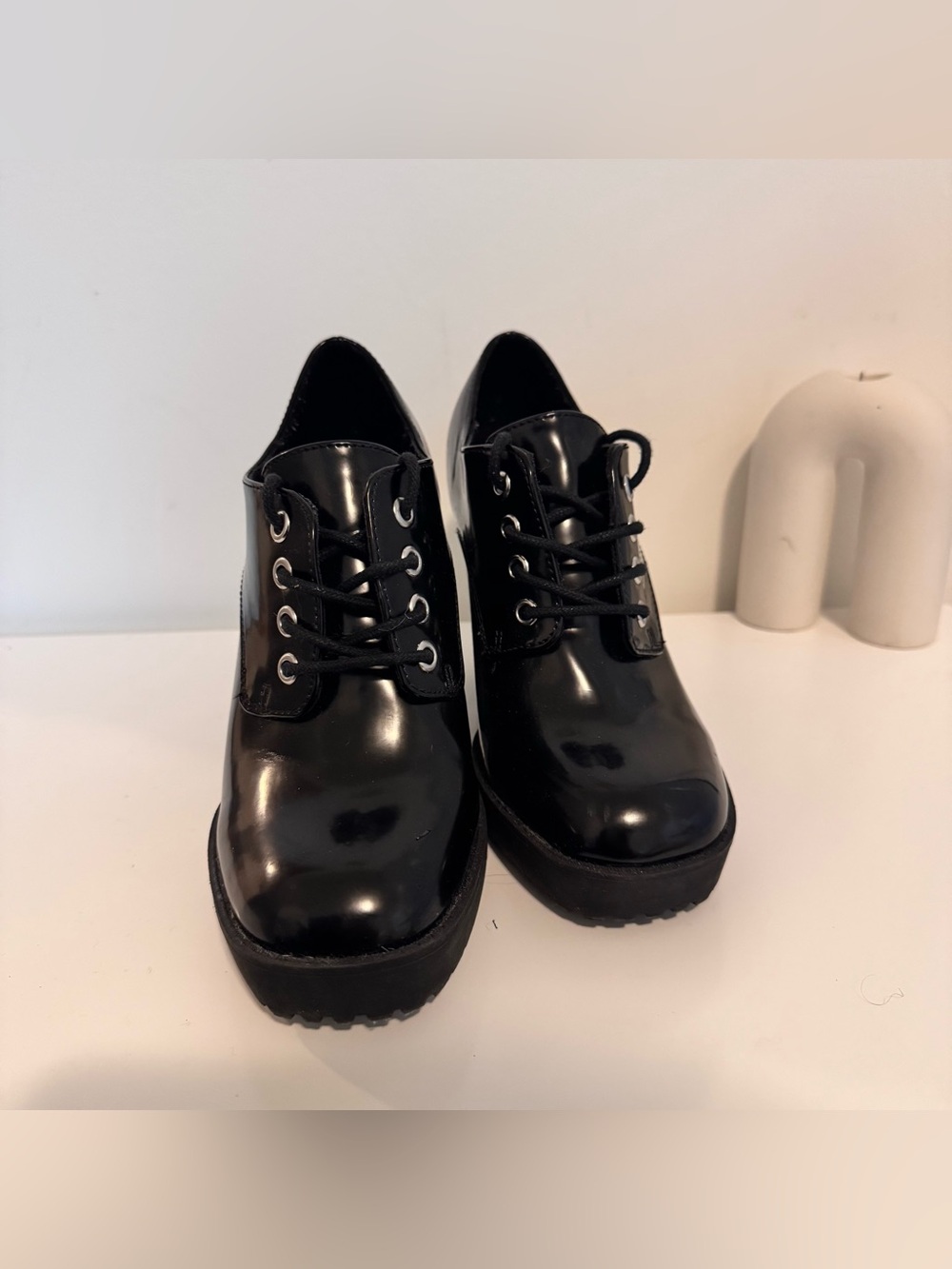 Wild Pair Black Patent Platform Lace-Up Chunky Heels - Picture 3 of 3